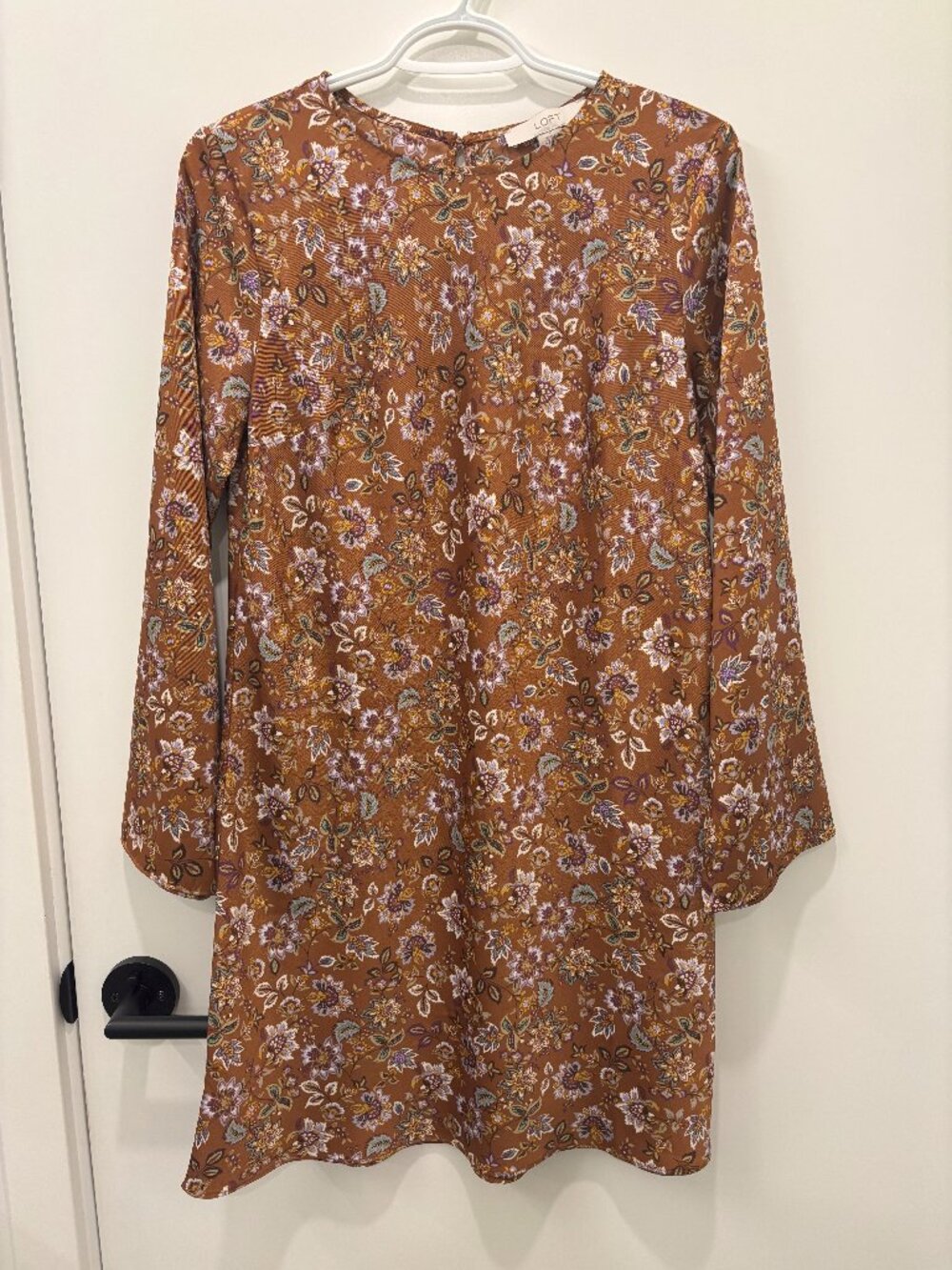 LOFT Brown Floral Long-Sleeve Shift Dress